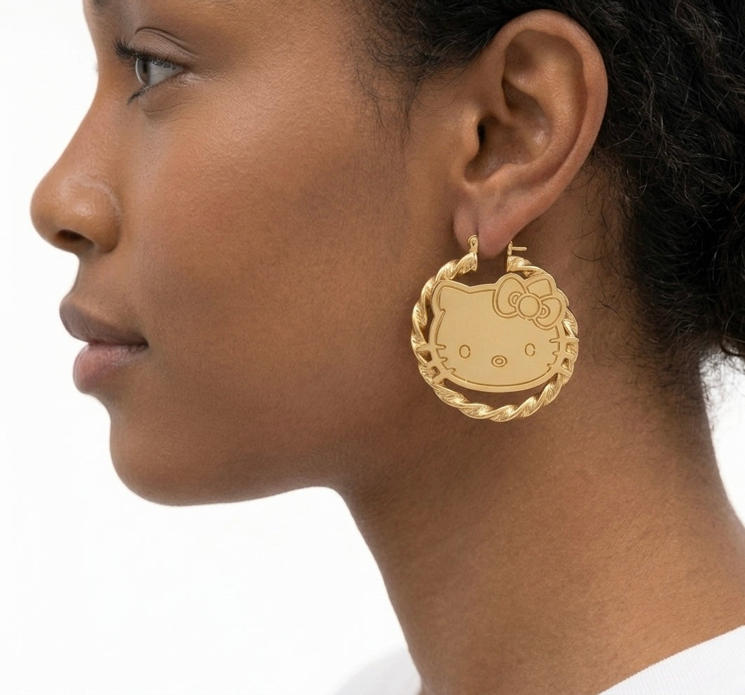 Hello Kitty Gold Twisted Hoop Earrings