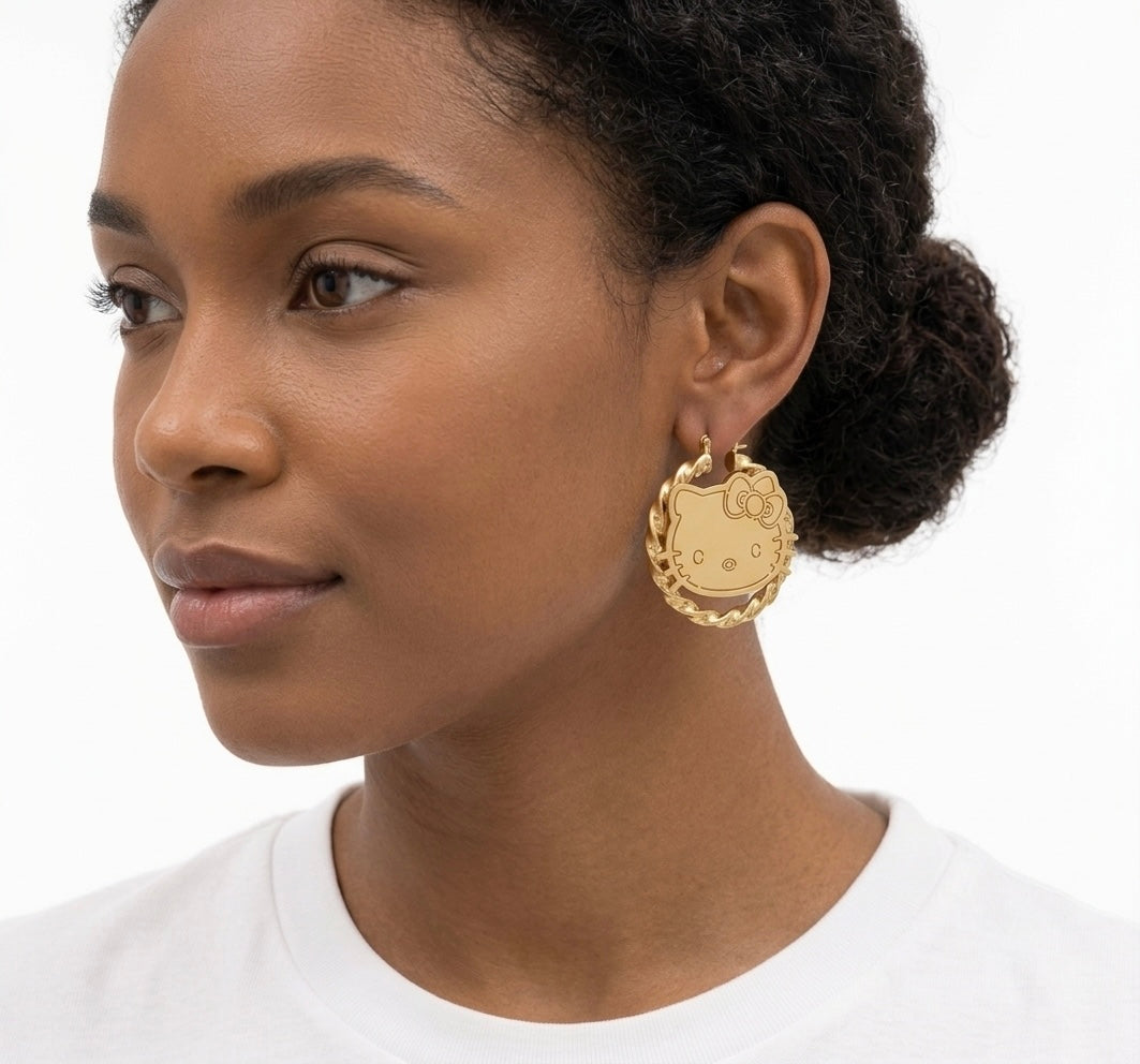 Hello Kitty Gold Twisted Hoop Earrings