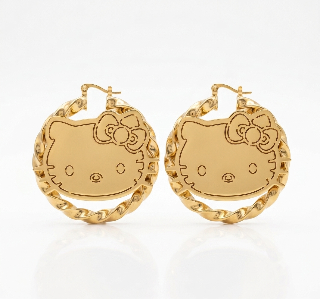 Hello Kitty Gold Twisted Hoop Earrings